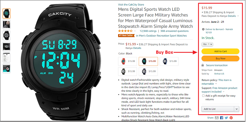 Amazon product page displaying a digital watch for sale