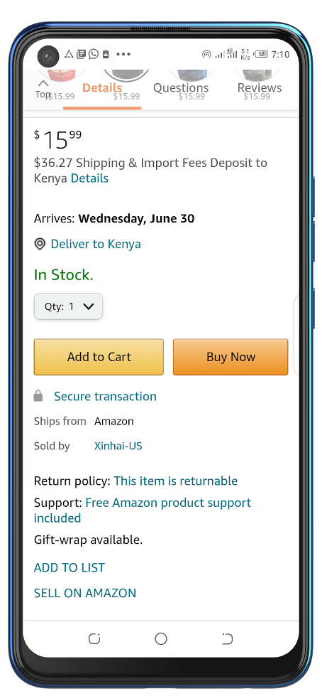 Mobile phone displaying the Add to Cart and Buy Box buttons for a product on Amazon