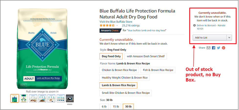 Amazon product page displaying Blue Buffalo dry dog food for sale but is out of stock